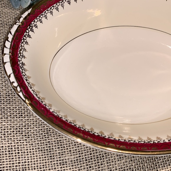 Vintage 9” Oval Vegetable Bowl Eggshell Nautilus, Maroon Band W/Gold by Laughlin - Picture 3 of 9